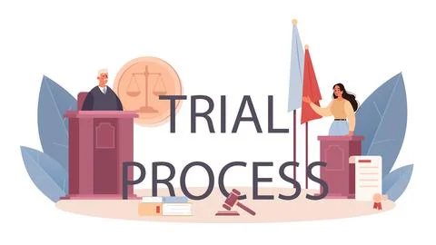 Trial process typographic header. Court worker stand for justice and law Ilustração Stock