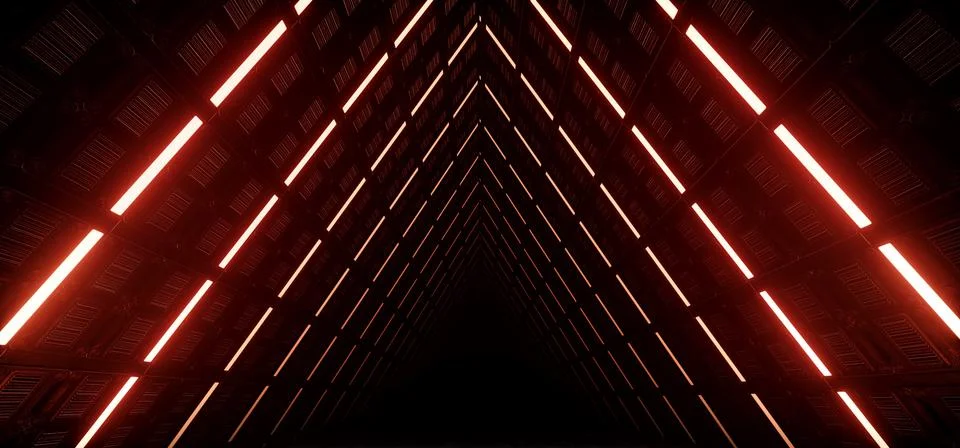 Triangle Alien Spaceship Infinity Tron Cyber Red Glowing Tunnel Corridor Sci  Illustrazione stock