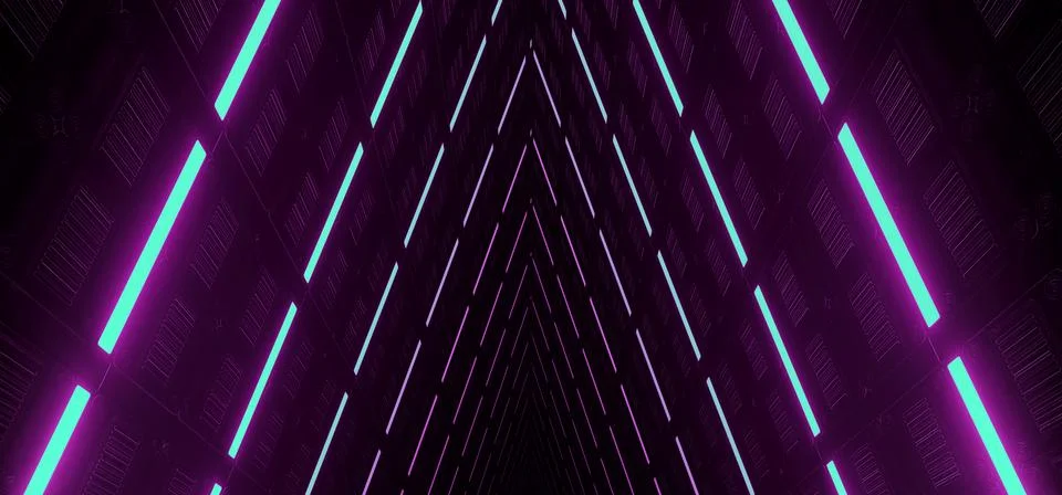 Triangle Alien Spaceship Infinity Tron Cyber Purple Glowing Tunnel Corridor.. Illustrazione stock