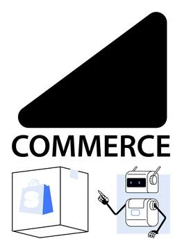 Triangle and Robot Representing Modern E-Commerce with Shopping Box Highlig.. Ilustración de archivo