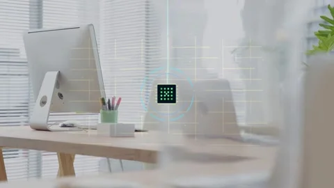 Triangle appearing above tortoise glasses sparking chip icon expanding, showing Stock Footage 333818122