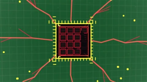 Triangle appearing, chip forming and radiating red traces over transparent grid, Stock Footage 329503461