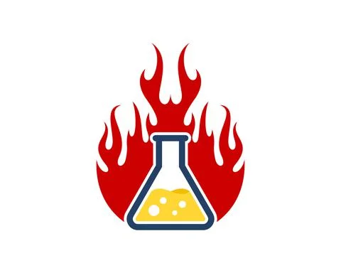 Triangle bottle laboratory with yellow liquid and fire flames Stock Illustration