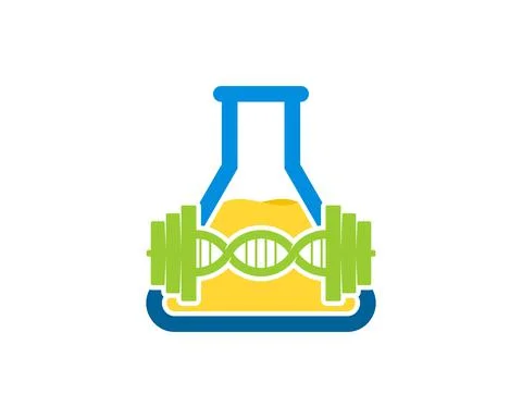Triangle bottle laboratory with yellow liquid and DNA barbell inside Stock Illustration