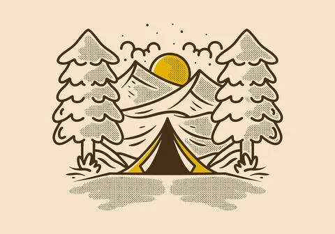 Triangle camping tent between two big pine trees design Illustrazione stock