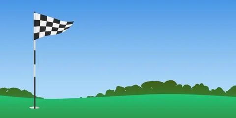 Triangle checkered golf against a blue sky and green field background Stock Illustration
