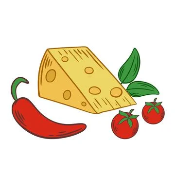 Triangle of cheese with holes, served with cherry tomatoes, chili pepper and Stock Illustration