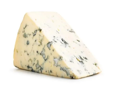 Triangle of cheese with mold close-up on a white. Isolated Stock Photos