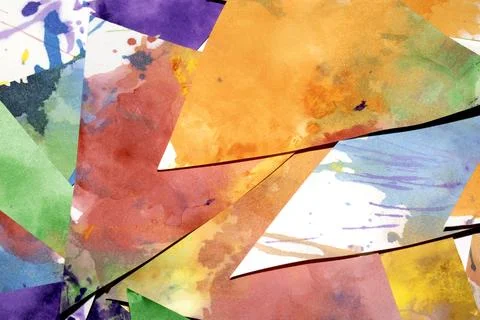 Triangle cut paper with paint splatters abstract rainbow background paint c.. Stock Photos