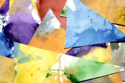 Triangle cut paper with paint splatters abstract rainbow background paint c.. Stock Photos