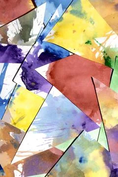 Triangle cut paper with paint splatters abstract rainbow background paint c.. Stock Photos