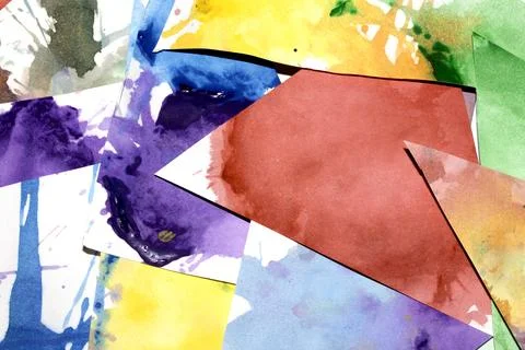 Triangle cut paper with paint splatters abstract rainbow background paint c.. Stock Photos