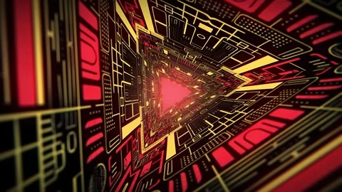 Triangle cyberpunk tunnel background with glowing circuit patterns Stock Footage 303033828