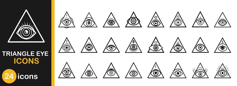 Triangle eye icon set. Black line icon collection pyramid occult and illumi.. Stock Illustration