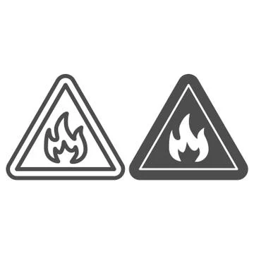 Triangle with fire symbol line and solid icon. Flammable caution sign outline Stock Illustration