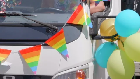 Triangle Gay Pride Parade Rainbow Flags, Homosexual Street LGBT Celebration Video stock 96146904