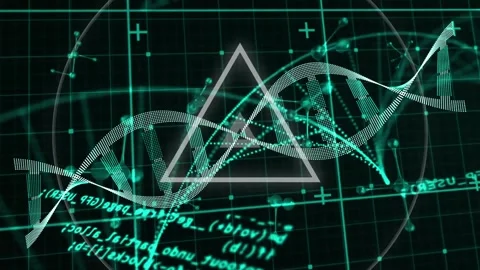 Triangle glyph glowing, double-helix ribbon waving through ring, code shifting, Stock Footage 328224413