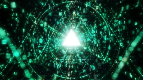 Triangle green digital matrix core tunnel of binar lights, neon glowing rays Stock Footage 151591533