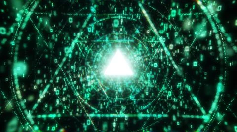 Triangle green digital matrix core tunnel of binar lights, neon glowing rays Stock Illustration