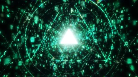 Triangle green digital matrix core tunnel of binar lights, neon glowing rays Illustrazione stock
