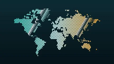 Triangle grid world map with triangles flipping in a passing wave, abstract.. Stock Illustration
