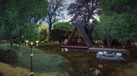 Triangle house design in the lake forest background for camp 3d illustration Stock Illustration