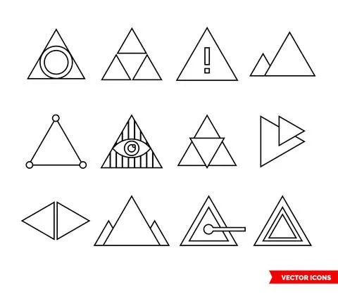 Triangle icon set of outline types. Isolated vector sign symbols. Icon pack. Stock Illustration