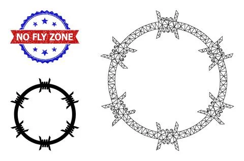 Triangle Mesh Barbed Wire Circle Icon and Textured Bicolor No Fly Zone Watermark Stock Illustration
