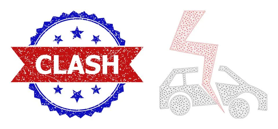 Triangle Mesh Car Accident Icon and Scratched Bicolor Clash Stamp Seal Stock Illustration