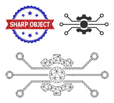Triangle Mesh Circuit Gear Icon and Grunge Bicolor Sharp Object Seal Ilustración de archivo