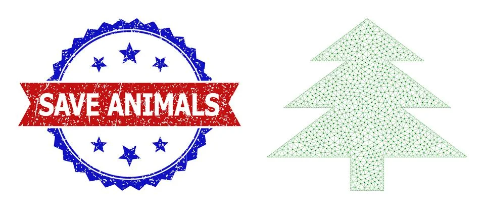 Triangle Mesh Fir Tree Icon and Distress Bicolor Save Animals Stamp Seal Stock Illustration
