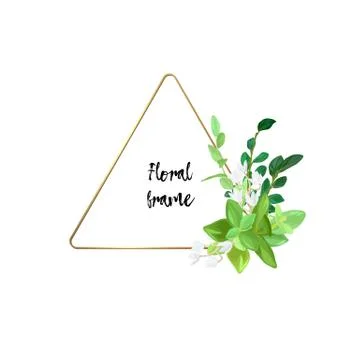 Triangle metallic gold frame with white flowers, eucalyptus leaves and succulent 库存插图