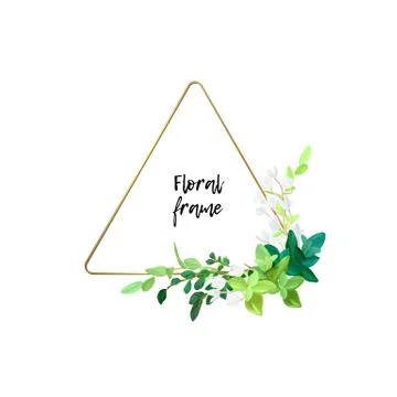 Triangle metallic gold frame with white flowers, eucalyptus leaves and succulent Stock Illustration