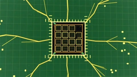 Triangle morphing into chip emitting traces and cycling 5x5 grid presenting Stock Footage 329531676