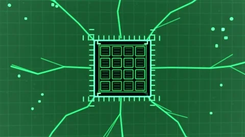 Triangle morphing to chip triggers neon lines branching and connecting nodes on Stock Footage 329503468