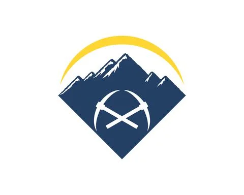 Triangle mountain with mining axe and swoosh Stock Illustration