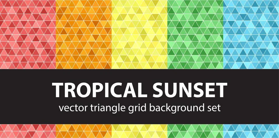 Triangle pattern set "Tropical Sunset". Vector seamless geometric backgrounds Stock Illustration