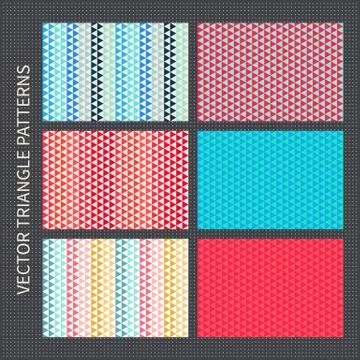 Triangle patterns set. Red, pink, blue, yellow vector seamless backgrounds Stock Illustration