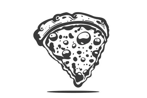 Triangle pizza slice with melted cheese and pepperoni. Cartoon sticker in com Stock Illustration
