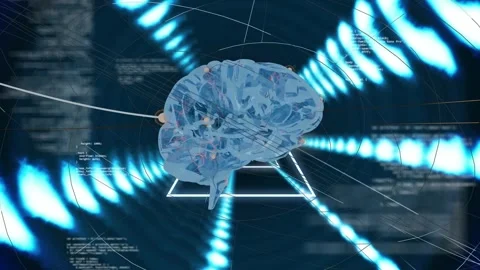 Triangle pulsing brightening translucent brain rotating ahead, nodes pulsing, Stock Footage 340654509