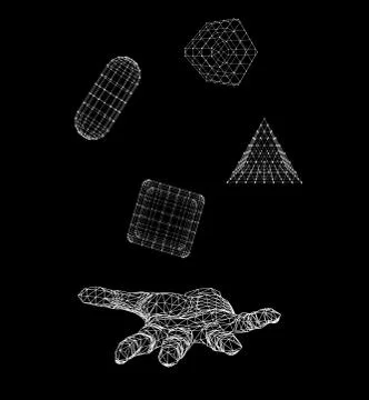 Triangle pyramid, capsule, Cube on the arm. Polygon triangle. Polygonal hand Illustrazione stock