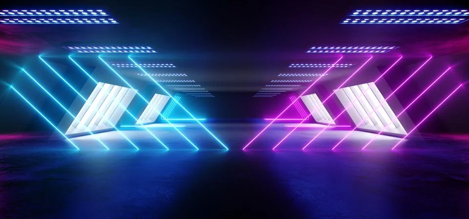 Triangle Pyramid Neon Glowing Sci Fi Purple Blue Futuristic Concrete Empty Gr Stock Illustration