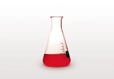 Triangle retort with red liquid on white background Stock Photos