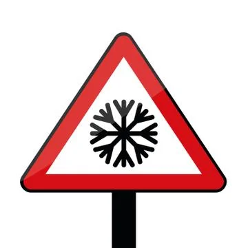 Triangle road sign with snowflake for cold winter isolated on white background Stock Illustration