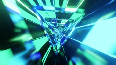 Triangle rotated mirrored blue and cyan with sky glass VJ tunnel loop Stock Footage 338066372