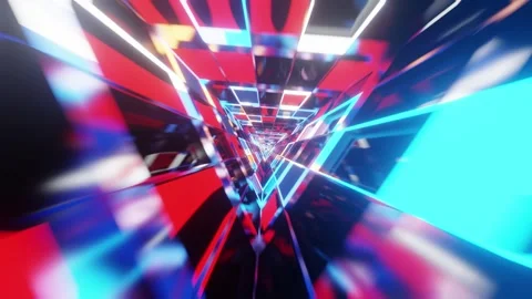 Triangle rotated mirrored glass red with blue neon and orange colors VJ tunn Stock Footage 344384337