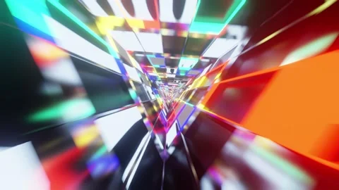 Triangle rotated mirrored pink with milticolored rainbow glass VJ seamless t Stock Footage 337465887