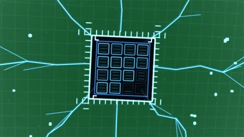 Triangle rotating, chip changing, cyan traces growing, nodes showing, booting on Stock Footage 329572468
