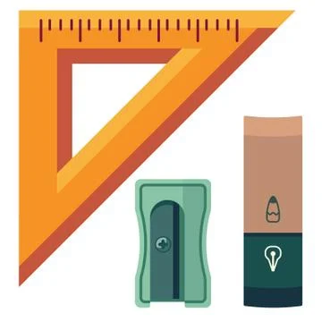 Triangle ruler, eraser on white isolated backdrop Stock Illustration