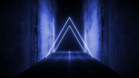 Triangle Sci Fi Futuristic Neon Glowing Blue Vibrant Garage Underground Stock-Footage 124968493